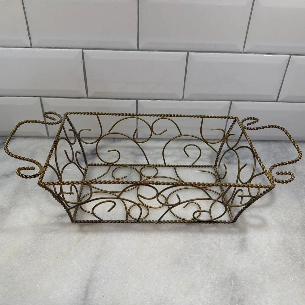 Metal Twisted Wire Basket Gold Tone Brass Look Handles Centerpiece Table Decor